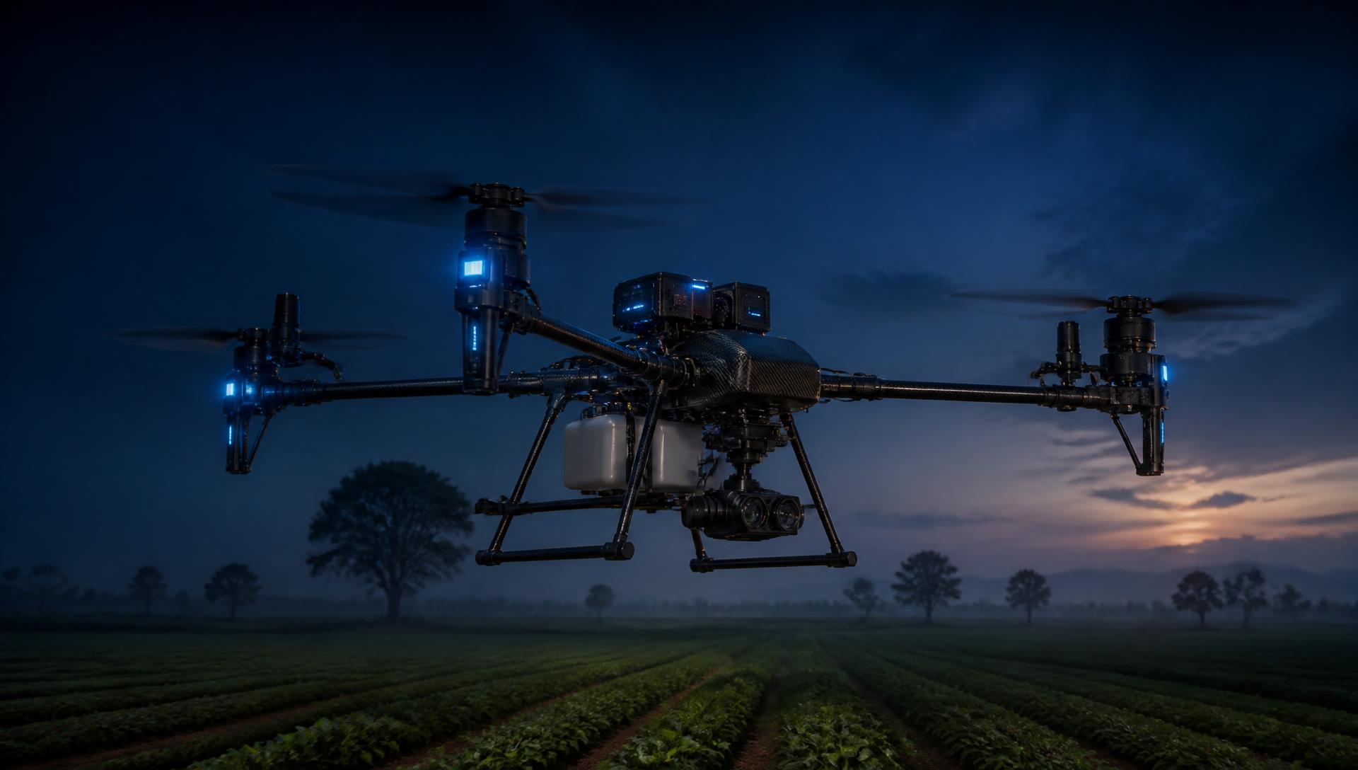 Agricultural survey drone in flight over farmland at dusk